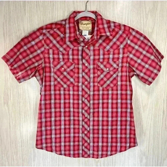 Wrangler Men’s Large Pearl Snap Red Plaid Short Sleeve Western Rodeo Cowboy VGUC - Picture 2 of 7